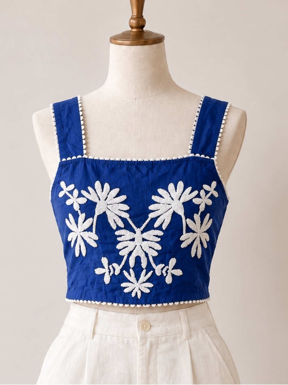 Laffaire Blue White Embroidered Crop Tank Top M